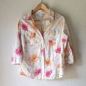 CROFT & BARROW Floral 3/4 Sleeve Button-Down Shirt in White, Pink Green & Orange